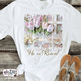 Er ist Risen Tulip Cross Christliche Vintage Fraue T-Shirt