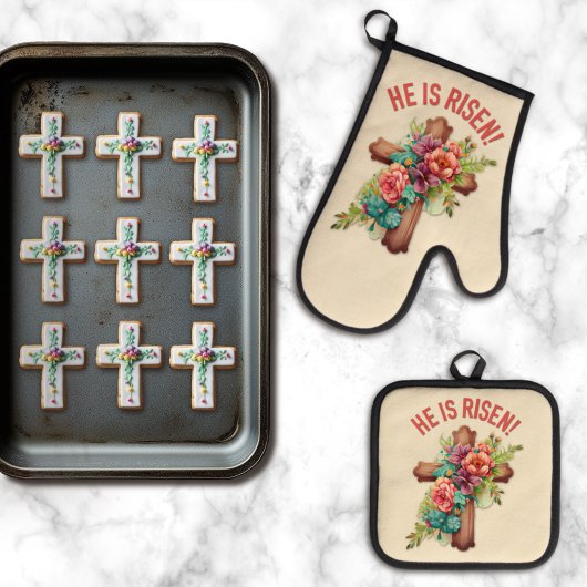 Er ist Riser Osterfarbener Blumenkreuz Ofenhandschuh & Topflappen-Set