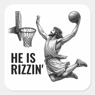 Er ist Rizzin - Basketball Jesus Lustiger Jesus Me Quadratischer Aufkleber