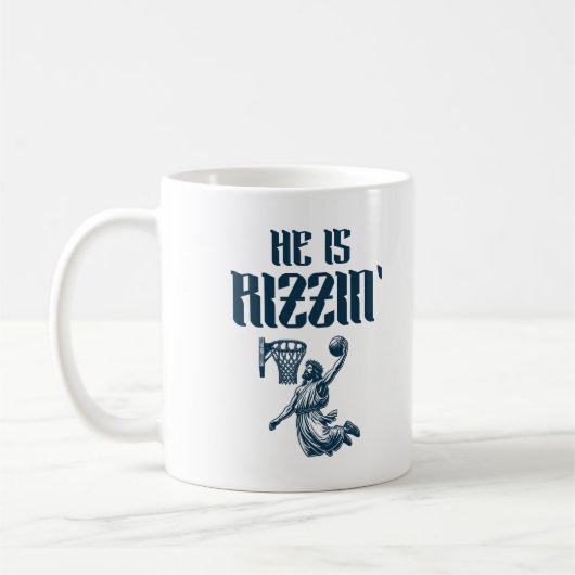 Er ist Rizzins lustiger Jesus Basketball Meme Kaffeetasse (Links)