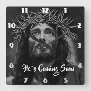 ER KOMMT BALD Jesus, der in den Himmel schaut Quadratische Wanduhr