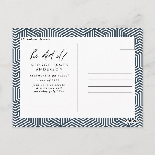 Er machte das blaue moderne Foto Abschluss Postkar Postkarte (Rückseite)