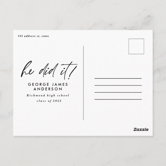 Er machte es mit dem modernen Foto Abschluss Postk Postkarte (Rückseite)