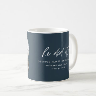 Er machte es moderne Skript Foto Abschluss blau Kaffeetasse