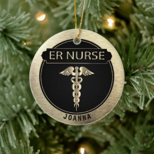 ER Nurse 👩 ⚕️ - Schwarz und Gold Keramik Ornament