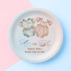 Er oder Sie Aquarell Rosa Blau Baby Vintage Pappteller