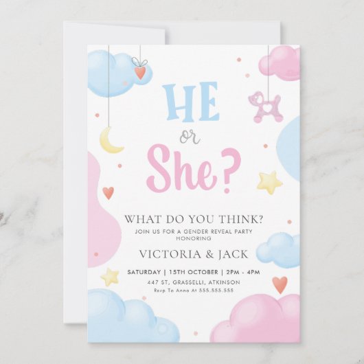 Er oder sie Aquarell Wolken & Sterne Gender-Berich Einladung (Vorderseite)