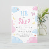 Er oder sie Aquarell Wolken & Sterne Gender-Berich Einladung (Stehend Vorderseite)