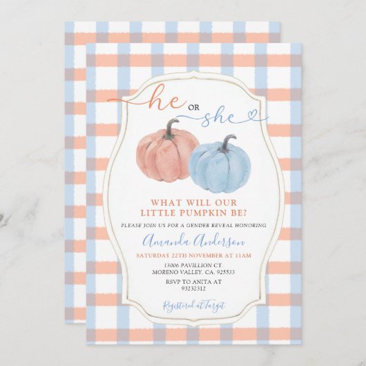 Er oder sie Autumn Pumpkins Gingham Gender Reveal Einladung (Vorne/Hinten)
