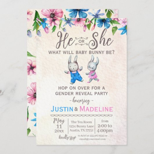 Er oder sie Baby Bunny Gender Reveal Party Einladung (Vorne/Hinten)