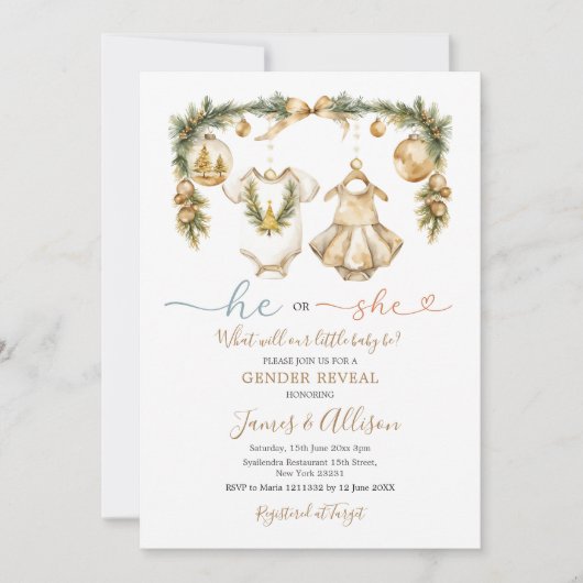Er oder sie Baby Clothe Gold Weihnachtsgeschlechts Einladung (Vorderseite)