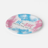 Er oder sie Baby-Geschlecht decken Pappteller (Schrägansicht)