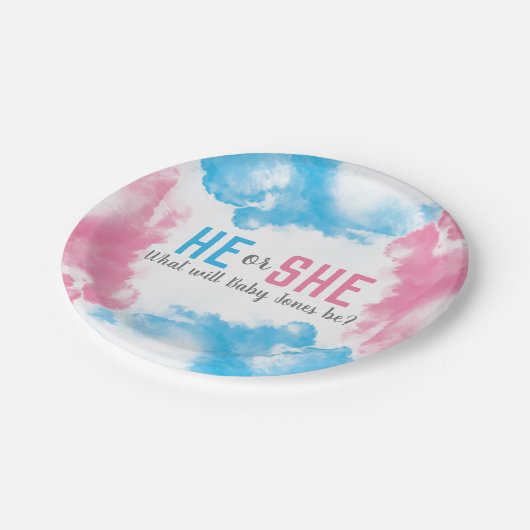 Er oder sie Baby-Geschlecht decken Pappteller (Schrägansicht)