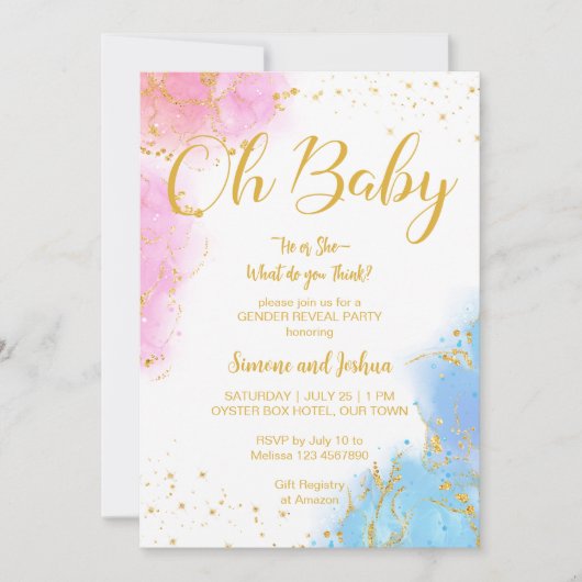 Er oder sie, Baby, pink und blau Glitzer laden ein Einladung (Vorderseite)