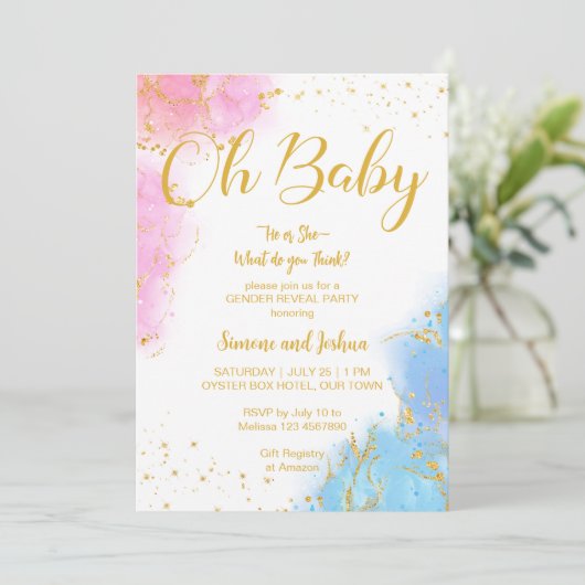 Er oder sie, Baby, pink und blau Glitzer laden ein Einladung (Stehend Vorderseite)