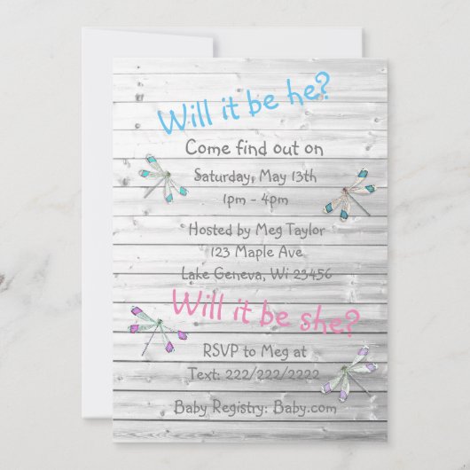 Er oder sie, Baby Shower Gender Reveal Dragonfly Einladung (Rückseite)