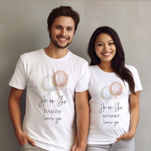 Er oder sie Ballon Gender Reveal Familie Mommy T-Shirt