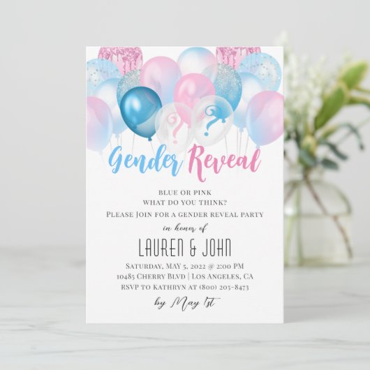 Er oder sie Ballongeschlecht offenbaren Einladung (Stehend Vorderseite)