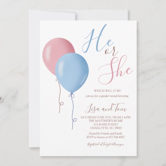 Er oder sie Ballons Gender Reveal Party Einladung (Vorderseite)