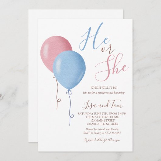 Er oder sie Ballons Gender Reveal Party Einladung (Vorne/Hinten)