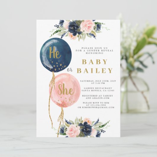 Er oder sie balloons Gender Reveal Einladung (Stehend Vorderseite)