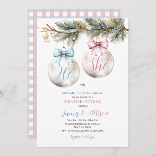 Er oder sie Bauble Blue Pink Weihnachtsgeschlechts Einladung (Vorne/Hinten)