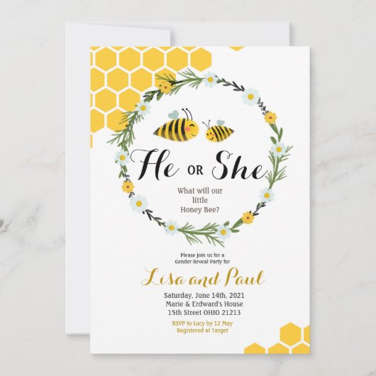 Er oder sie Bienen-Geschlecht decken Einladung auf (Vorderseite)