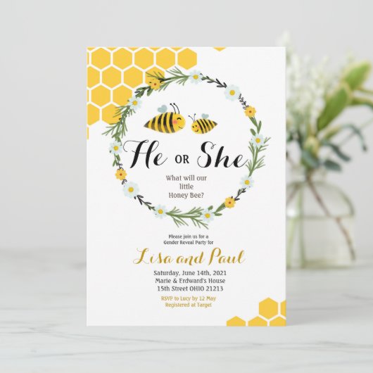 Er oder sie Bienen-Geschlecht decken Einladung auf (Stehend Vorderseite)