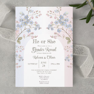 Er oder Sie Blau Rosa Florales Geschlechtsenthüllu Einladung