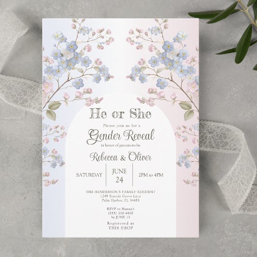 Er oder Sie Blau Rosa Florales Geschlechtsenthüllu Einladung