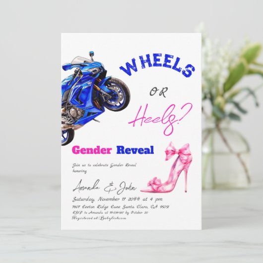 Er oder sie blauen rosa Räder oder Heelse Gender-B Einladung (Stehend Vorderseite)
