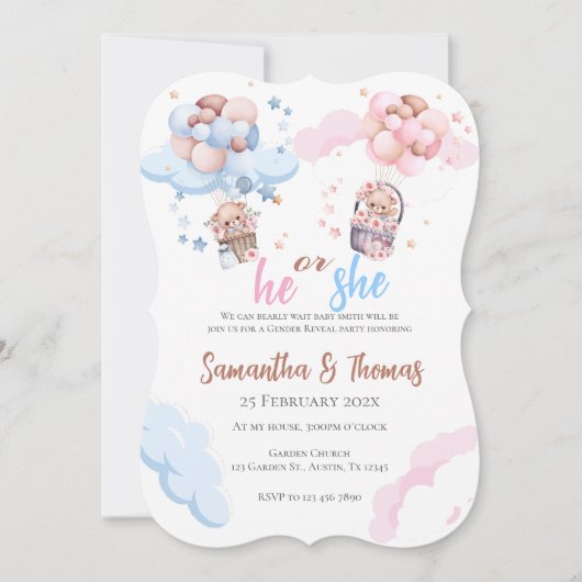 Er oder sie blauer oder rosa Geschlecht offenbart Einladung (Vorderseite)