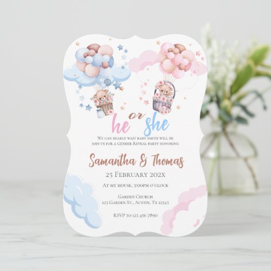 Er oder sie blauer oder rosa Geschlecht offenbart Einladung (Stehend Vorderseite)