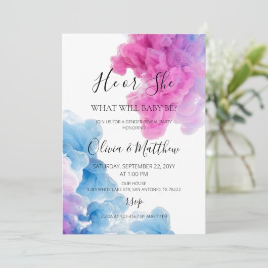 Er oder sie Blue Pink Rauch Geschlecht offenbaren Einladung (Stehend Vorderseite)