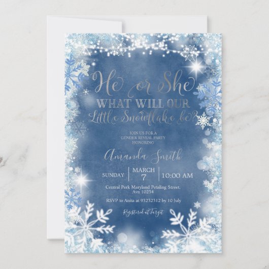 Er oder sie Blue Silver Snowflakes Gender Reveal Einladung (Vorderseite)