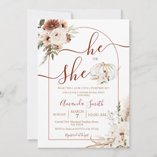 Er oder sie Boho Arch Pumpkin Gender Reveal Invita Einladung (Vorderseite)