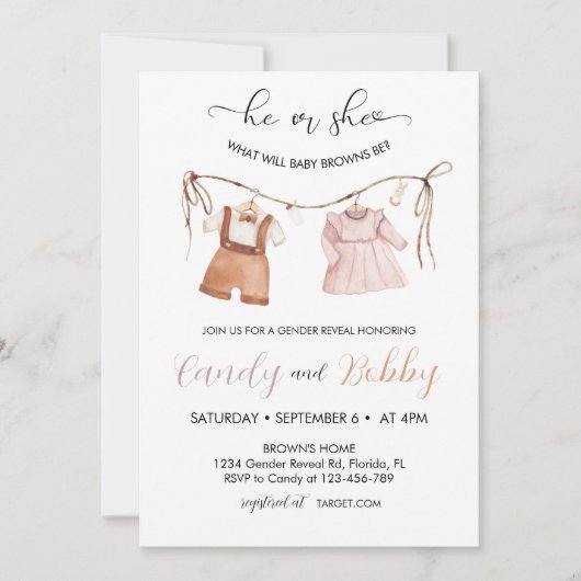 Er oder sie Boho Clothesline Gender Reveve Einladung (Vorderseite)