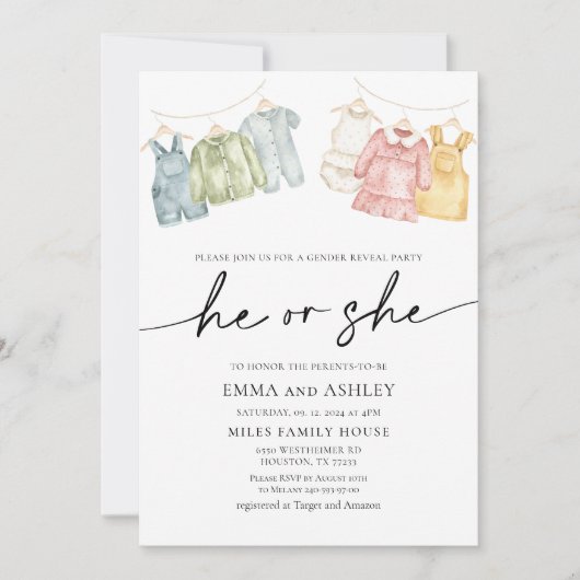 Er oder sie Boho Kleidung Gender Reveve Einladung (Vorderseite)