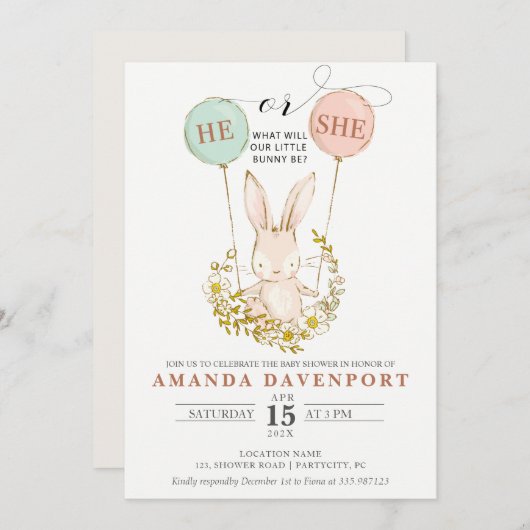 Er oder sie Bunny Balloons Geschlecht offenbart Ei Einladung (Vorne/Hinten)