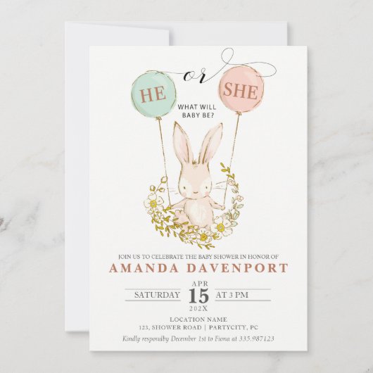 Er oder sie Bunny Balloons Geschlecht offenbart Ei Einladung (Vorderseite)