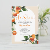 Er oder sie Citrus Orange Greenerity Gender Reveal Einladung (Stehend Vorderseite)