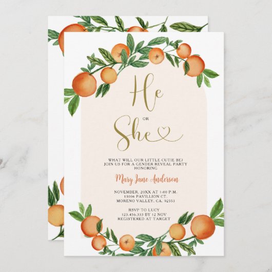 Er oder sie Citrus Orange Greenerity Gender Reveal Einladung (Vorne/Hinten)