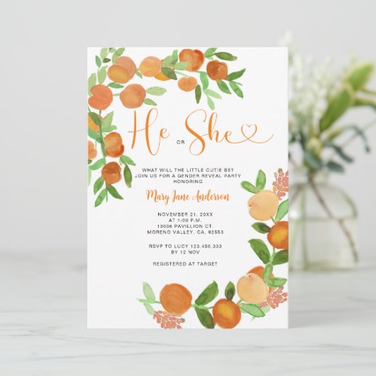Er oder sie Citrus Orange Greenerity Gender Reveal Einladung (Stehend Vorderseite)