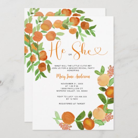 Er oder sie Citrus Orange Greenerity Gender Reveal Einladung (Vorne/Hinten)