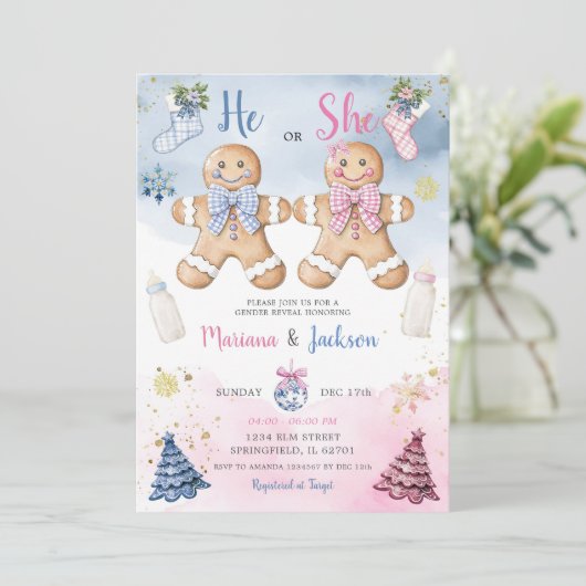 Er oder sie Cookies Gingerbread Gender Reveal Einladung (Stehend Vorderseite)