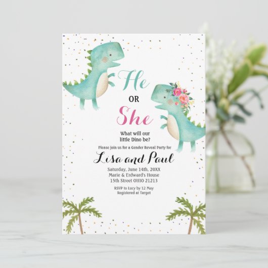 Er oder sie Dinosaurier-Gender-Enthüllung Einladung (Stehend Vorderseite)