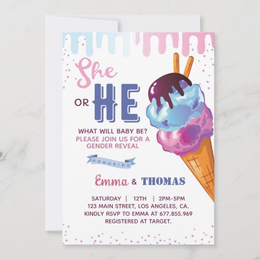 Er oder sie eisgeschlechtsspezifische Party Einlad Einladung (Vorderseite)