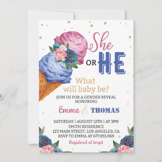 Er oder sie eisgeschlechtsspezifische Party Einlad Einladung (Vorderseite)