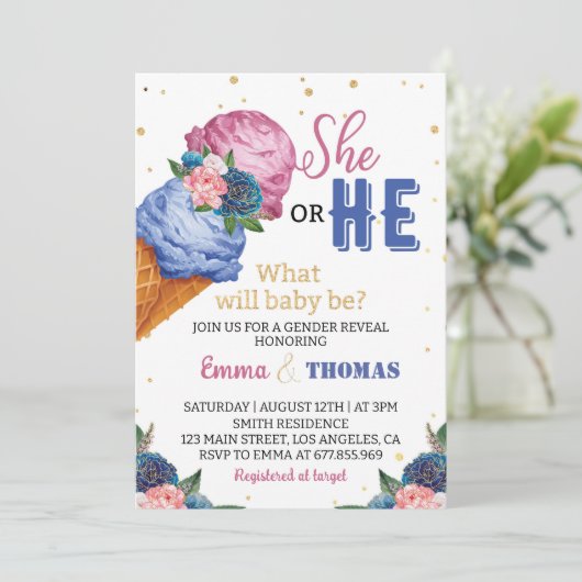 Er oder sie eisgeschlechtsspezifische Party Einlad Einladung (Stehend Vorderseite)