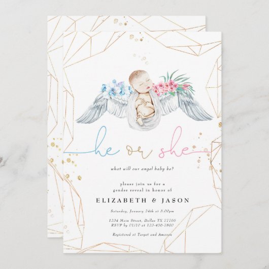 Er oder sie enthüllt die Gender-Glitzer-Darstellun Einladung (Vorne/Hinten)